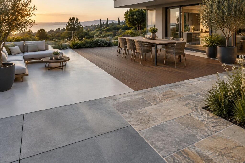 résine, bois composite, pierre ou béton : comparez les matériaux pour votre sol de terrasse extérieur et choisissez celui qui convient à vos besoins.